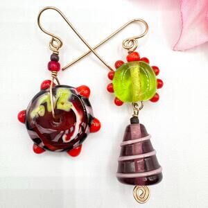 Artsy Art Glass Bead Dangle Earrings Asymmetrical Fun Wacky Whimsical Colorful